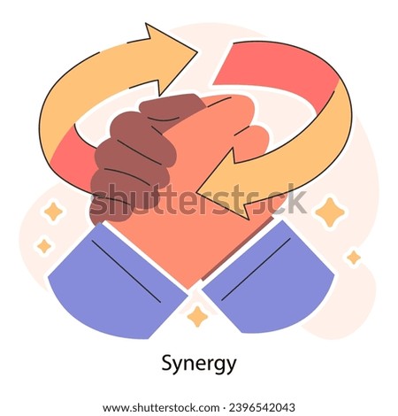 Synergy. Cooperation for additional business development. United hands in a handshake. Collaborative efforts. Productive partnership and coworking. Flat vector illustration.