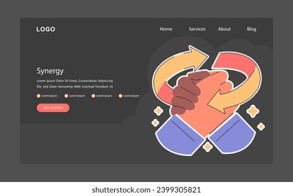 Synergy dark or night mode web, landing. Cooperation for additional business development. United hands in a handshake. Collaborative efforts. Productive partnership. Flat vector illustration.