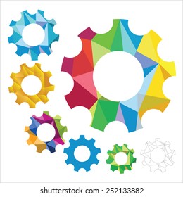 synergy gear of crumpled paper in different colors, gold and contour multicolored gears