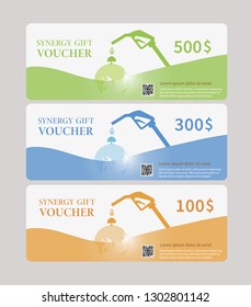 Synergy Gift Voucher template clean and clear collection with QR code.Vector illustration. Set of Three difference colors. Green for 500$, Blue for 300$ and Orange for 100$. svg