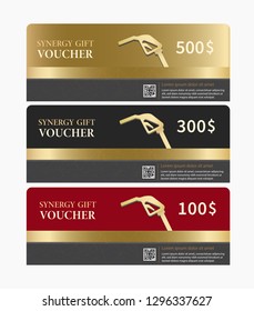 Simnergy Gift Voucher plantilla colección moderna y elegante con código QR.Vector ilustración. Conjunto de tres colores diferentes. Oro por 500$, Negro por 300$ y Rojo por 100$.