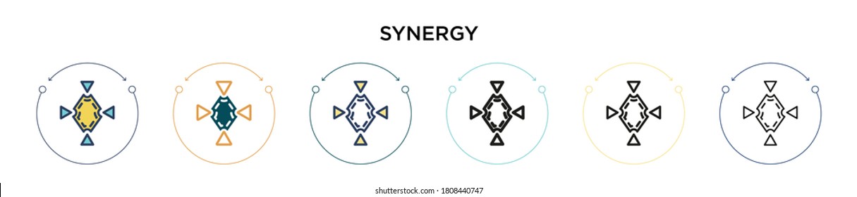 Icono de sinergia en el estilo relleno, delgado, contorno y trazo. Ilustración vectorial de dos diseños de iconos vectoriales de sinergia coloreada y negra se pueden utilizar para móviles, ui, web