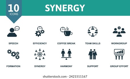 Synergy icons set. Creative icons: speech, efficiency, coffee break, team skills, workgroup, formation, synergy, harmony, support, group effort.