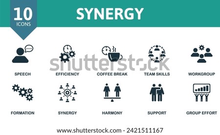 Synergy icons set. Creative icons: speech, efficiency, coffee break, team skills, workgroup, formation, synergy, harmony, support, group effort.