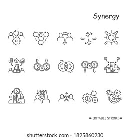 Synergy Line Icons Set. Human, Corporate, Marketing, Cost, Revenue, Operating Financial And Other Types Of Synergies In Business And Communities. Isolated Vector Illustrations. Editable Stroke 