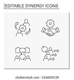 Satz von Synergy-Linien-Symbolen. Interaktion oder Kooperation von Organisationen.Laufbahnentwicklung, Zusammenarbeit, Handshaking, menschliche Synergie. Konzept der Zusammenarbeit. Einzige Vektorgrafiken. Bearbeitbarer Hub