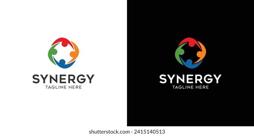 Synergy-Logo, Konzept von zwei oder mehr Einheiten, die zusammenarbeiten. Interblockierende Kreise symbolisieren die Zusammenführung verschiedener Elemente