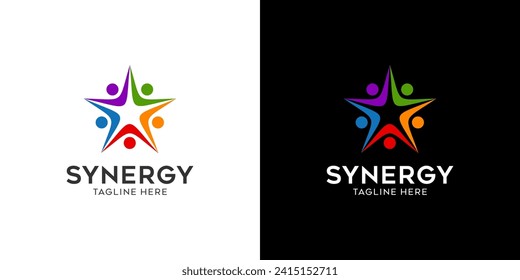 Synergy-Logo, Konzept von zwei oder mehr Einheiten, die zusammenarbeiten. Interblockierende Kreise symbolisieren die Zusammenführung verschiedener Elemente