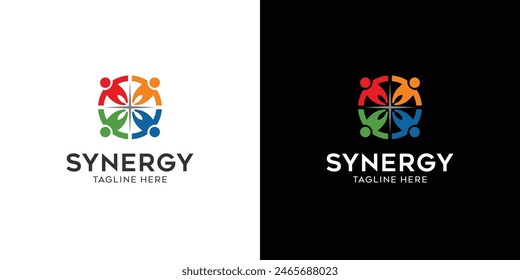 Synergy-Logo, Konzept der Zusammenarbeit von zwei oder mehr Einheiten. Ineinander greifende Kreise symbolisieren das Zusammenkommen verschiedener Elemente