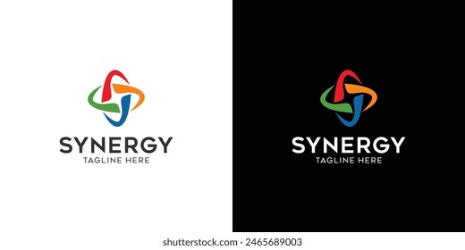 Synergy-Logo, Konzept der Zusammenarbeit von zwei oder mehr Einheiten. Ineinander greifende Kreise symbolisieren das Zusammenkommen verschiedener Elemente