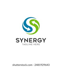 Synergy logo, concept of two or more entities working together. Interlocking circles symbolize the coming together of various elements