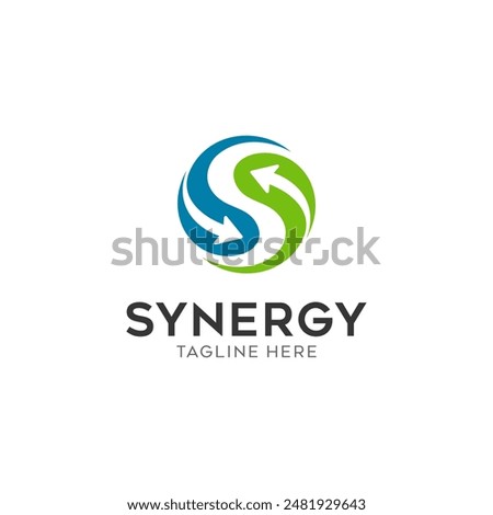 Synergy logo, concept of two or more entities working together. Interlocking circles symbolize the coming together of various elements