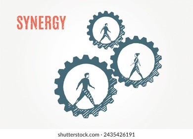 Synergy, people in gears, vector drawing sketch.