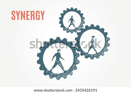 Synergy, people in gears, vector drawing sketch.