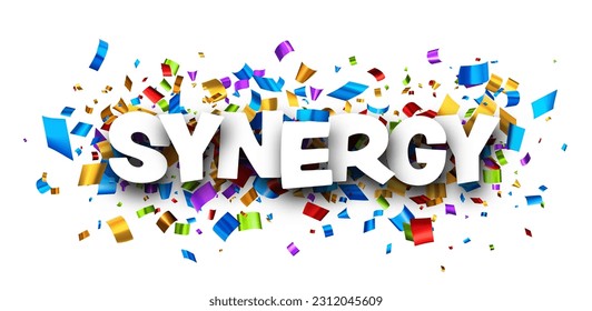 Synergy sign over colorful cut out foil ribbon confetti background. Design element. Vector illustration.