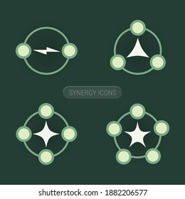 Synergy of two, three, four and five elements. Teamwork abstract conceptual symbol. Vector icons set