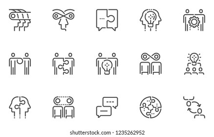 Synergy Vector Line Icons Set. Synergy Mind, Human Interaction, Exchange of Views, Team Collaboration, Business Cooperation. Editable Stroke. 48x48 Pixel Perfect.