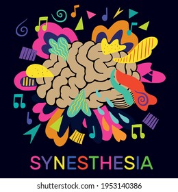 Síntesis. El concepto luminoso del cerebro humano, las notas y las formas psicodélicas coloridas.