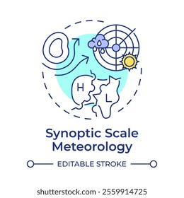 Synoptic scale meteorology multi color concept icon. Large weather systems analysis. Weather forecasting. Round shape line illustration. Abstract idea. Graphic design. Easy to use in article