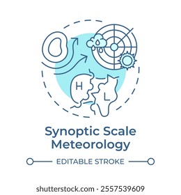 Synoptic scale meteorology soft blue concept icon. Large weather systems analysis. Weather forecasting. Round shape line illustration. Abstract idea. Graphic design. Easy to use in article