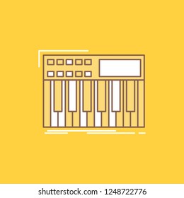 synth, keyboard, midi, synthesiser, synthesizer Flat Line Filled Icon. Beautiful Logo button over yellow background for UI and UX, website or mobile application