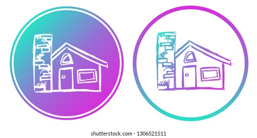 Synth or Retro Wave Circle of House Building. Vector Illustration for Graphic Design, Card, Shirt, Poster, and More. 