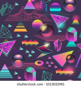 Synth Wave Pattern. Futuristic Background with Neon Glowing Geometric Elements. Holographic Design for Posters, Banners, Fabric. Vector illustration