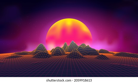 Synth wave retro background sunset 3d landscape. Futuristic 1980s style. 3D grid technology illustration. Digital Terrain Cyberspace in  Mountains with valleys. Isolated Object. Vector Illustratation.