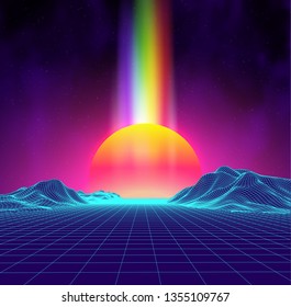 El paisaje de la ciudad retro de la onda sintética paisaje de fondo de la puesta de sol 3d paisaje con luz arcoiris. Paisaje futurista estilo años 80. Superficie digital de paisaje retro. Antecedentes del partido de los 80. Novela de moda retro