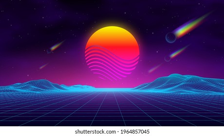 Synth wave retro city landscape background sunset 3d landscape with rainbow comets. Futuristic landscape 1980s style. Digital retro landscape cyber surface. 80s party background . Retro fashion Sci-Fi