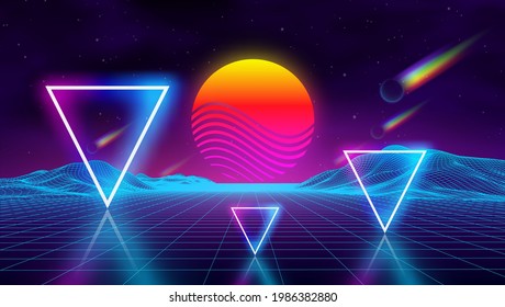 Synth wave retro city landscape background sunset 3d landscape with rainbow comets. Futuristic landscape 1980s style. Neon triangle synthwave digital wireframe landscape . Retro fashion Sci-Fi