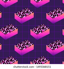 Synth wave, Retro Futurism aesthetics seamless pattern. 80's style geometric elements with leopard print. Laser grid background. Vector illustration. 