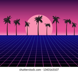 Synth Wave Retro Grid Background. Synthwave 80s Vapor Vector Game Poster Neon Futuristic Laser Space Landscape.