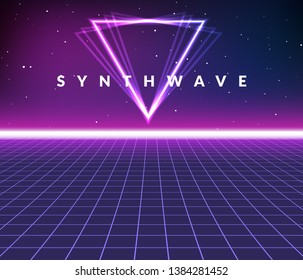 Fondo de la cuadrícula retro de la onda de sintonía. Cartel de juego de vectores de vapor Synthwave 80s neón futurista espacio láser arcade.