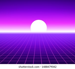 Synth Wave Retro Grid Background. Synthwave 80s Vapor Vector Game Poster Neon Futuristic Laser Space Arcade.