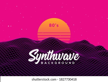 Fondo de la rejilla retro de onda sintética. Anuncio del juego del vector de vapor Synthwave 80s neón futurista espacio láser arcade