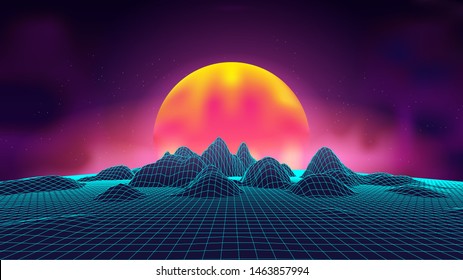 Synth wave retro landscape background sunset 3d landscape. Futuristic 1980s style. 3D grid technology illustration landscape. Digital Terrain Cyberspace in the Mountains with valleys.
