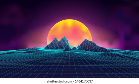 Paisaje de fondo retro de onda sintética paisaje puesta de sol 3d paisaje. Futurista estilo años 80. Entorno de ilustración de tecnología de cuadrícula 3D. Ciberespacio Digital Terrain en las Montañas con valles.