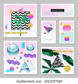 Synth Wave Tropical Poster Set. Futuristic Background with Geometric Elements. Holographic Design for Posters, Banners, Fabric. Vector illustration