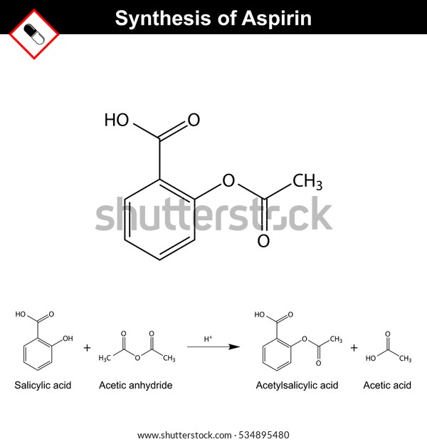 アセチルサリチル酸の合成 アスピリン化学式 アセチル化の化学反応 2dベクターイラスト 白い背景に分離 Eps 8 のベクター画像素材 ロイヤリティフリー