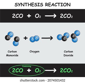 Synthesis Reaction Infographic Diagram With Example Of Carbon Monoxide Reacting With Oxygen Producing Carbon Dioxide For Chemistry Science Education Poster