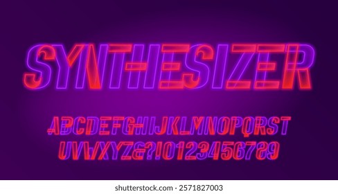 Synthesizer alphabet font. Two color neon letters and numbers. Stock vector typescript for your design.