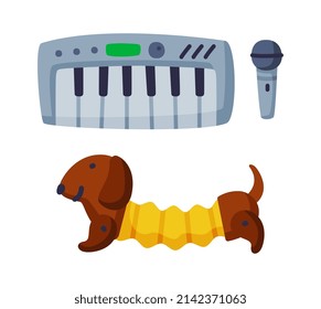 Synthesizer and Dachshund as Colorful Kids Toy Vector Set