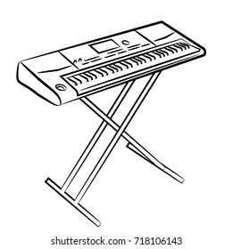The synthesizer is drawn by vector black lines. Instrument of a professional musician.