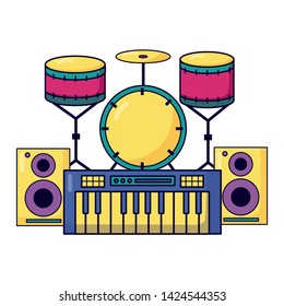 synthesizer drums speakers music colorful background vector illustration