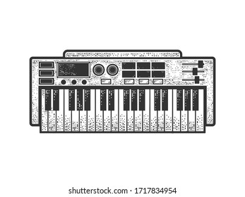 Synthesizer electronic musical instrument sketch engraving vector illustration. T-shirt apparel print design. Scratch board imitation. Black and white hand drawn image.