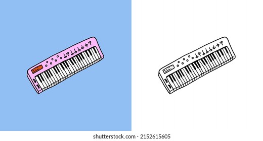 Synthesizer or electronic piano. Musical keyboard instrument. Hand drawn sketch in vintage doodle style.