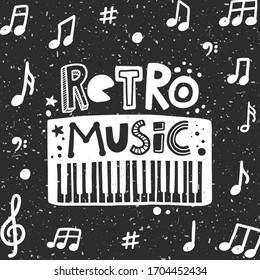 Synthesizer electronic piano silhouette with stylized lettering. Retro music vector illustration. Cultural entertainment. Musical instrument with ink drops. Poster, card design.