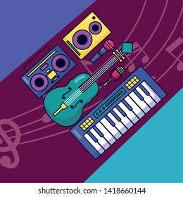 synthesizer fiddle boombox stereo speaker and microphone festival music poster vector illustration