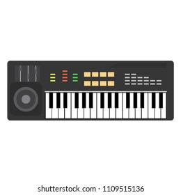 Synthesizer Flat Music Piano Keyboard Vector Illustration. Electronic Machine DJ Equipment Techno. Digital Instrument Icon Producer Record Stereo. Studio Mixer Equalizer Sequence Deck. Modular Synth.